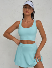 Danci Sports Latest Sports Set U Neck Bra Ribbed Crop Top Skirt with Shorts Two Pieces Gym Clothes Women